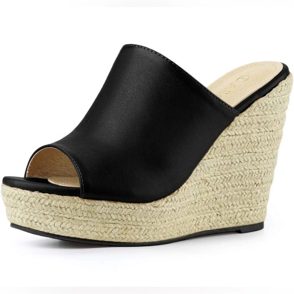 Allegra K Slip on Platform Sandals Espadrilles Wedges Slides Mules, Coffee 9